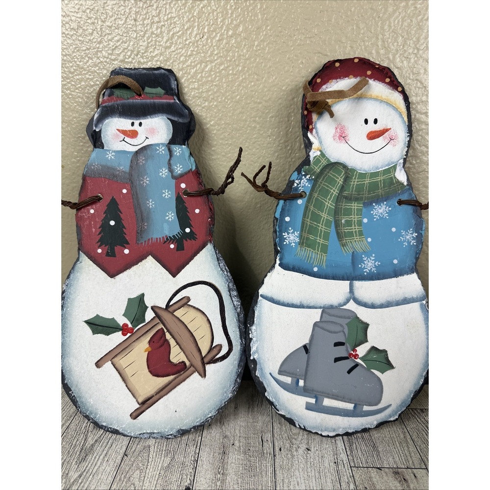 Slate Winter Snowman And Snowwoman Leather Hangers 12x6 Winter‎ Decor Christmas